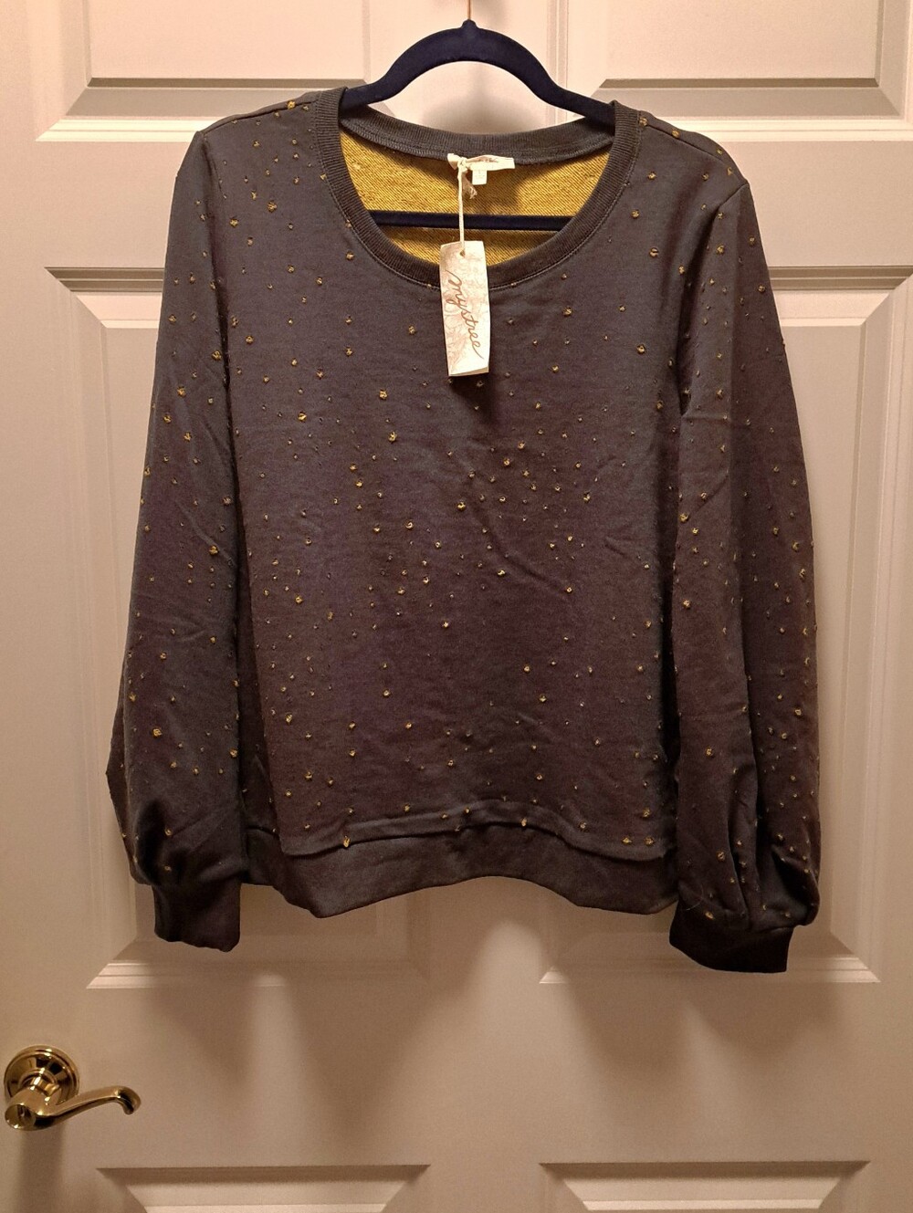 MYSTREE sweatshirt TOP long sleeves SOFT & COMFY size large CHARCOAL with GOLD